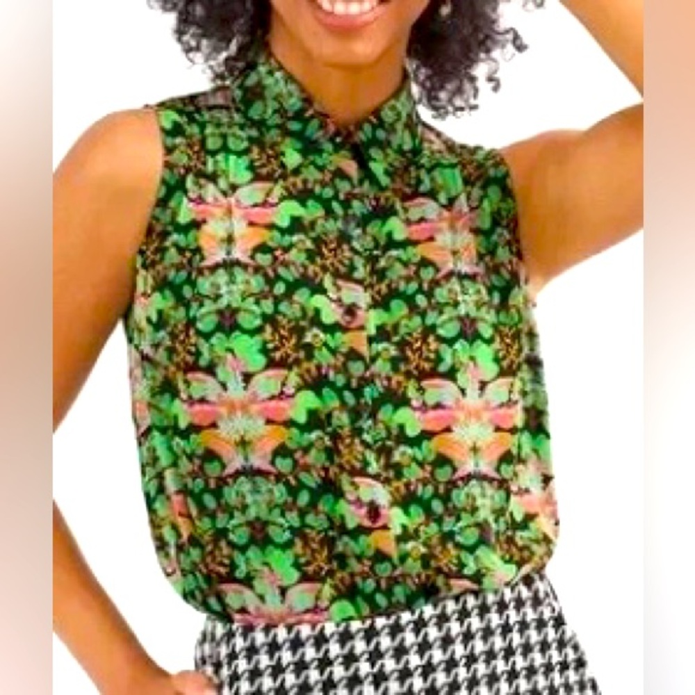 Cabi Folklore Print Sleeveless Button Down Blouse Small Floral Green Office Work